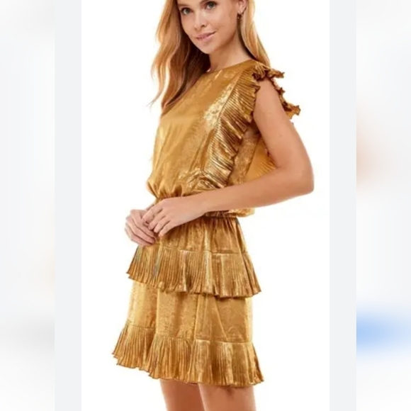 Priscilla Gold Metallic Ruffle Mini Dress TCEC Medium Party - Picture 1 of 7